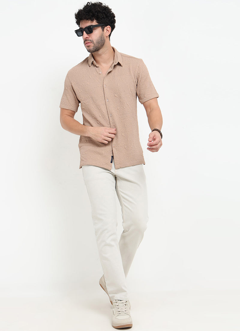 FOAM Regular Fit Crinkle Textured Shirt Sand Beige-Model View