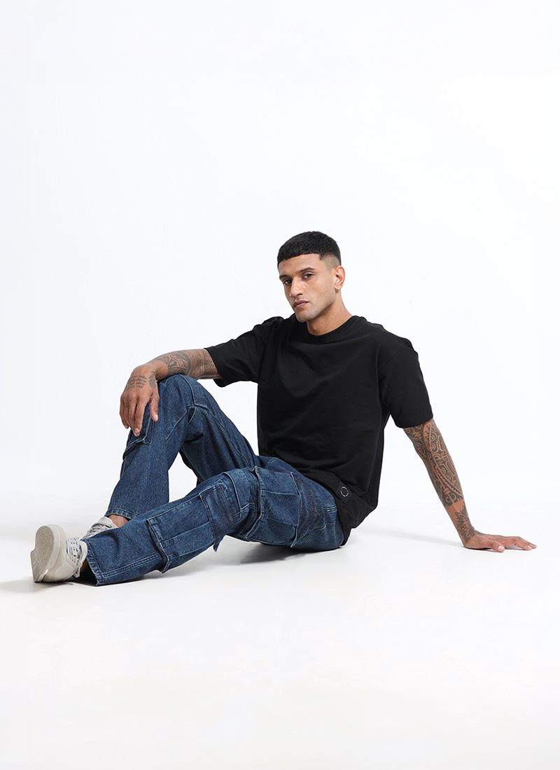 dark blue cargo denim jeans