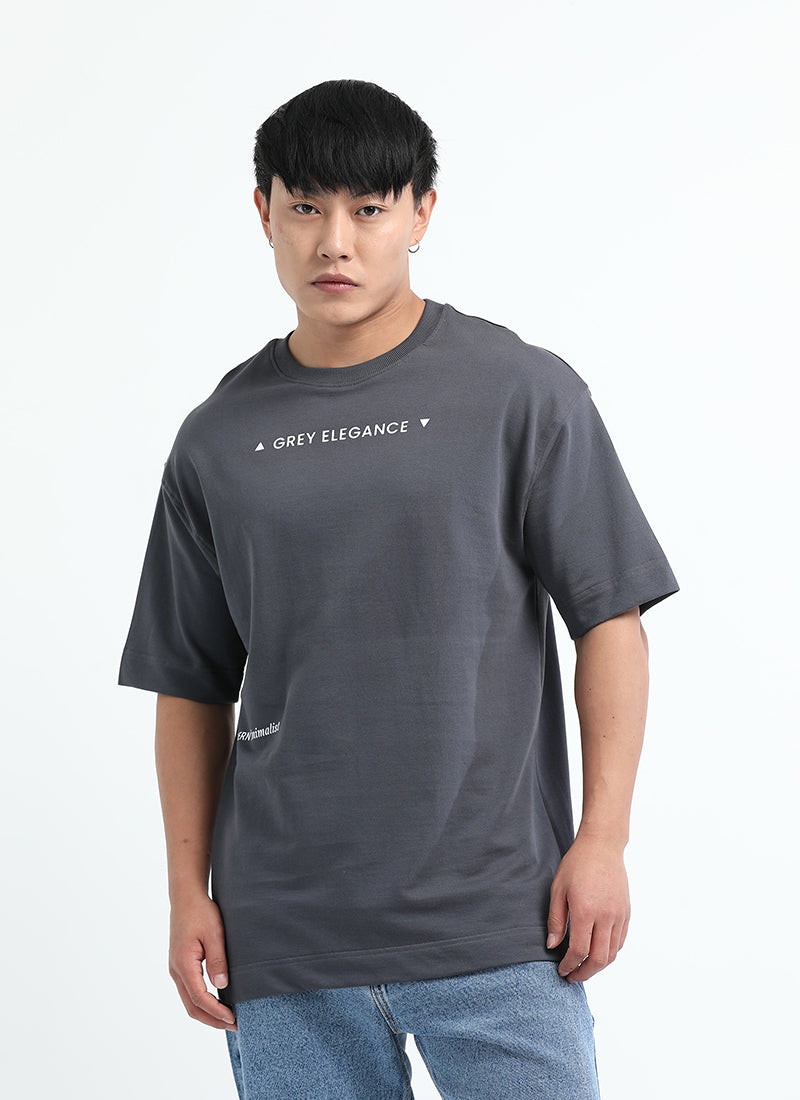 GREY ELEGANCE Oversized Printed Cotton T-Shirt Anthracite Grey - Front View