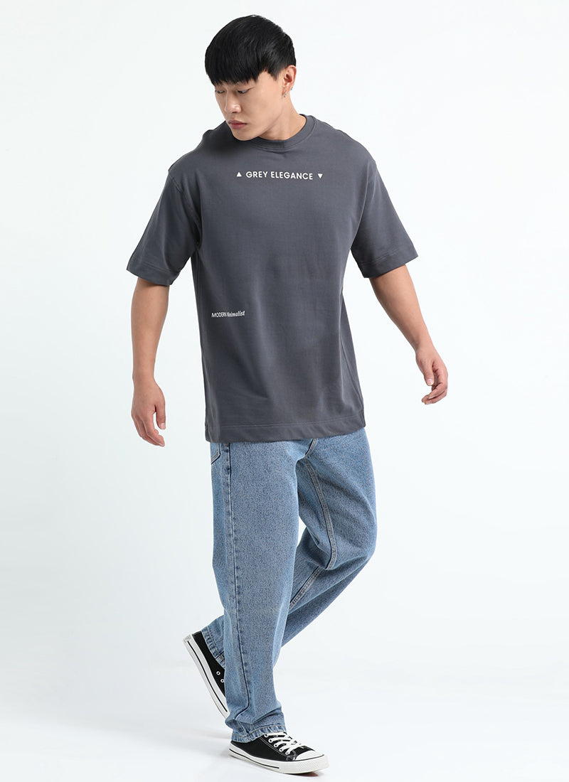 GREY ELEGANCE Oversized Printed Cotton T-Shirt Anthracite Grey - Matching Jeans