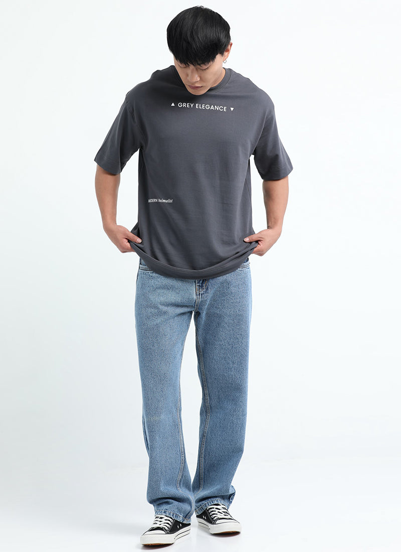 GREY ELEGANCE Oversized Printed Cotton T-Shirt Anthracite Grey - Model View