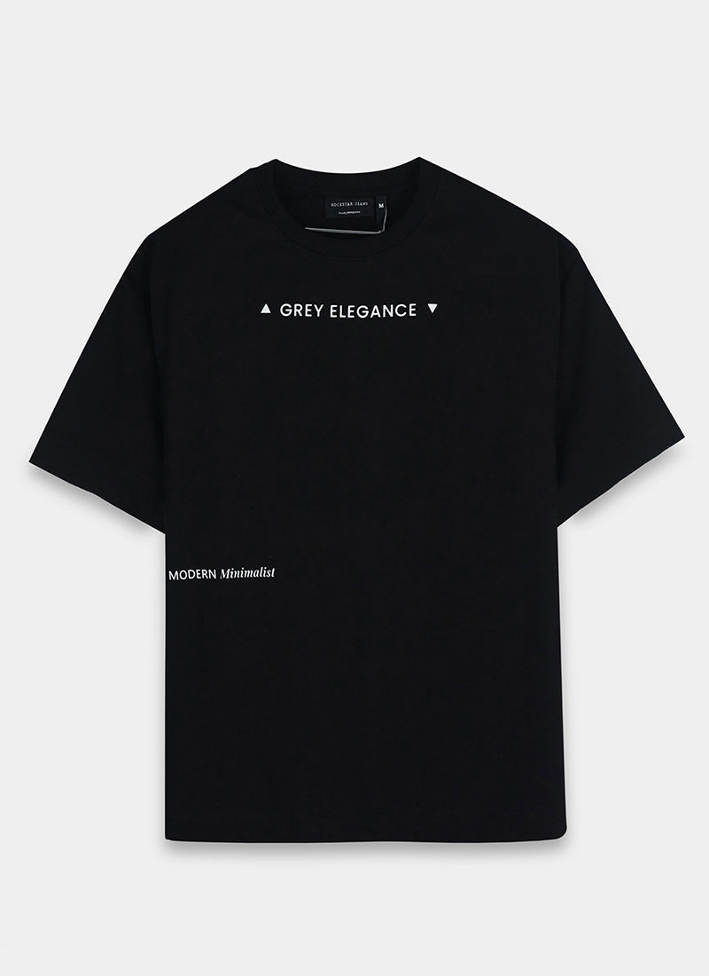 GREY ELEGANCE Oversized Printed Cotton T-Shirt Black - Flatlay Front Images