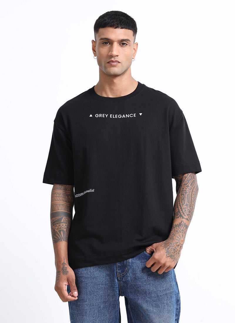 GREY ELEGANCE Oversized Printed Cotton T-Shirt Black - Front View