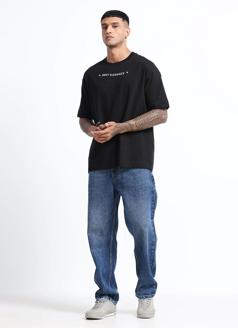 GREY ELEGANCE Oversized Printed Cotton T-Shirt Black - Matching Pant