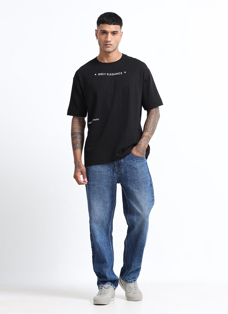 GREY ELEGANCE Oversized Printed Cotton T-Shirt Black - Model View