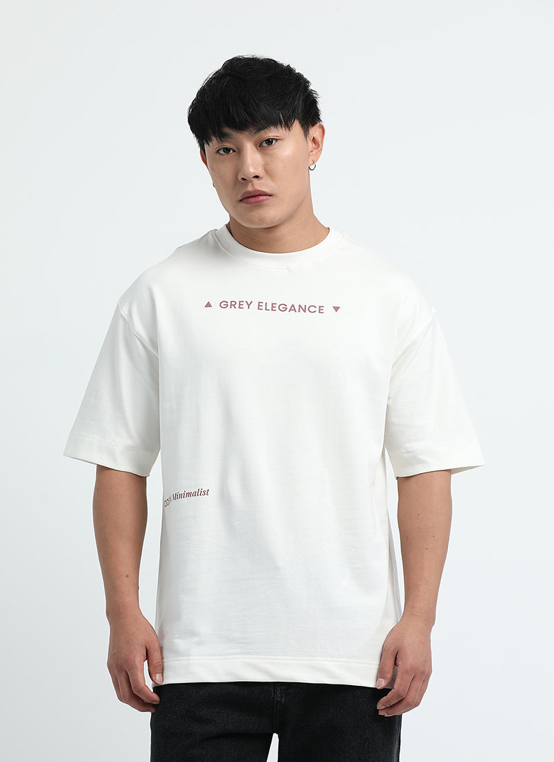GREY ELEGANCE Oversized Printed Cotton T-Shirt Off White - Front View