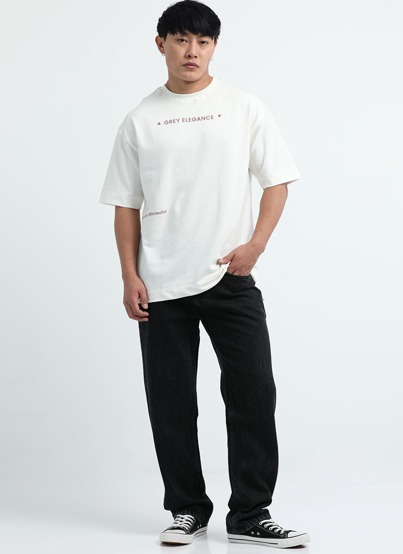 GREY ELEGANCE Oversized Printed Cotton T-Shirt Off White - Model View