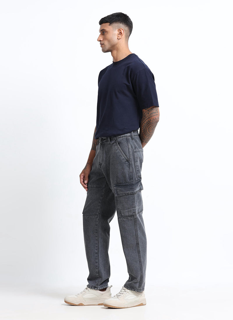 washed grey cargo denim jeans