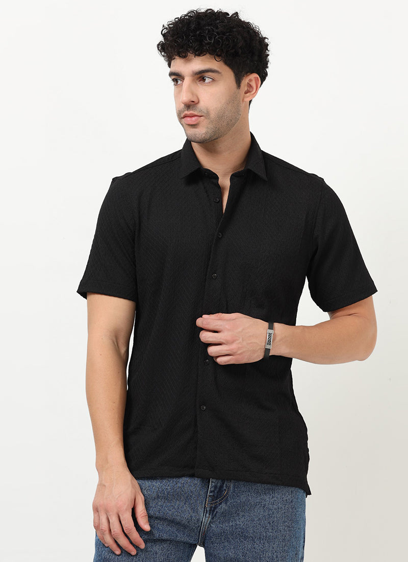 HALO Diamond Textured Knitted Shirt Phantom Black-Front View