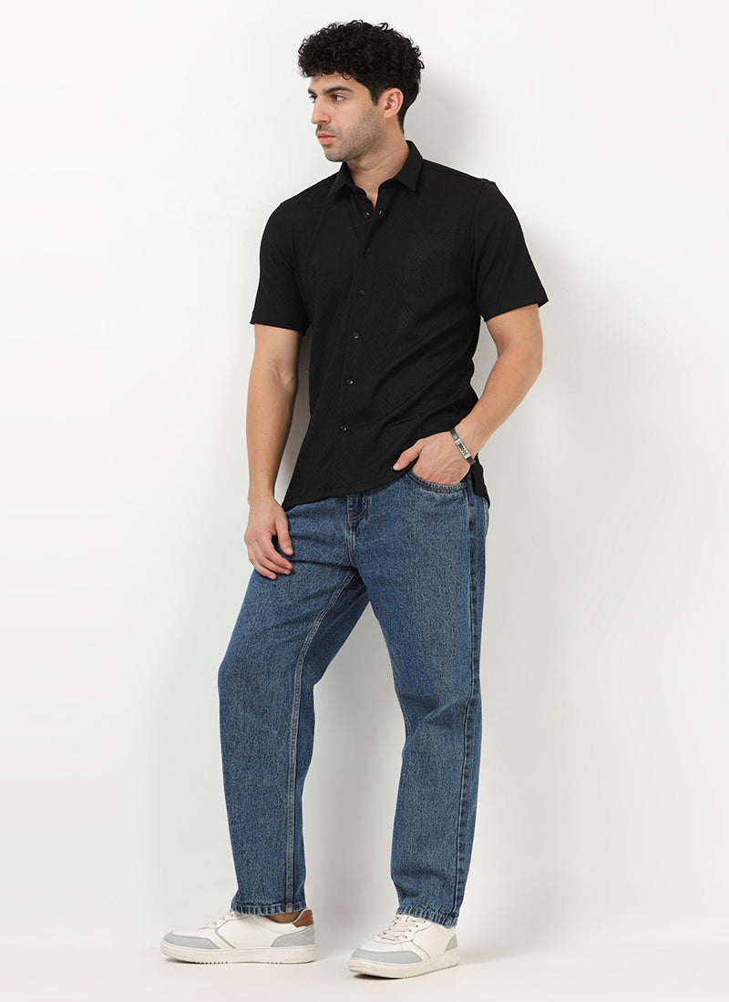 HALO Diamond Textured Knitted Shirt Phantom Black-Model Front View