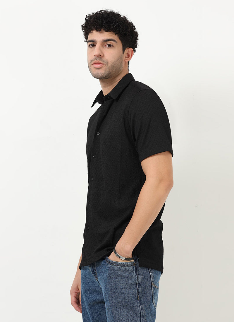 HALO Diamond Textured Knitted Shirt Phantom Black-Model Side View