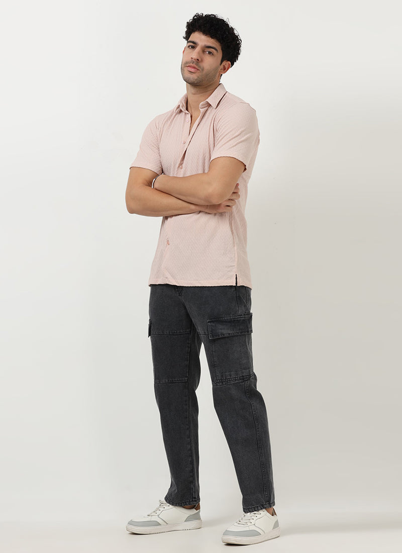 HALO Diamond Textured Knitted Shirt Sage Pink-Model Front View