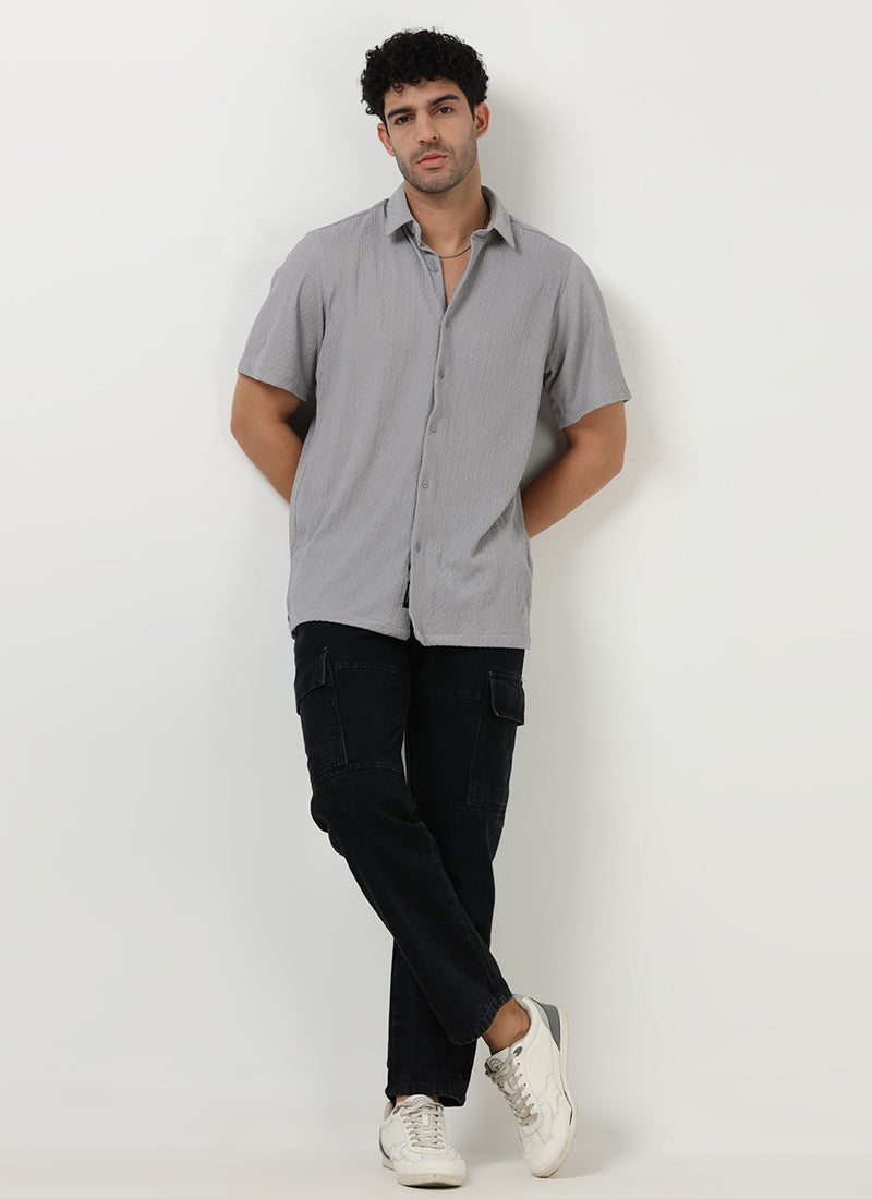 HALO Diamond Textured Knitted Shirt Silver Grey-Model Front View 