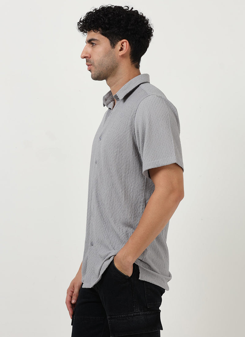 HALO Diamond Textured Knitted Shirt Silver Grey-Model Side View 