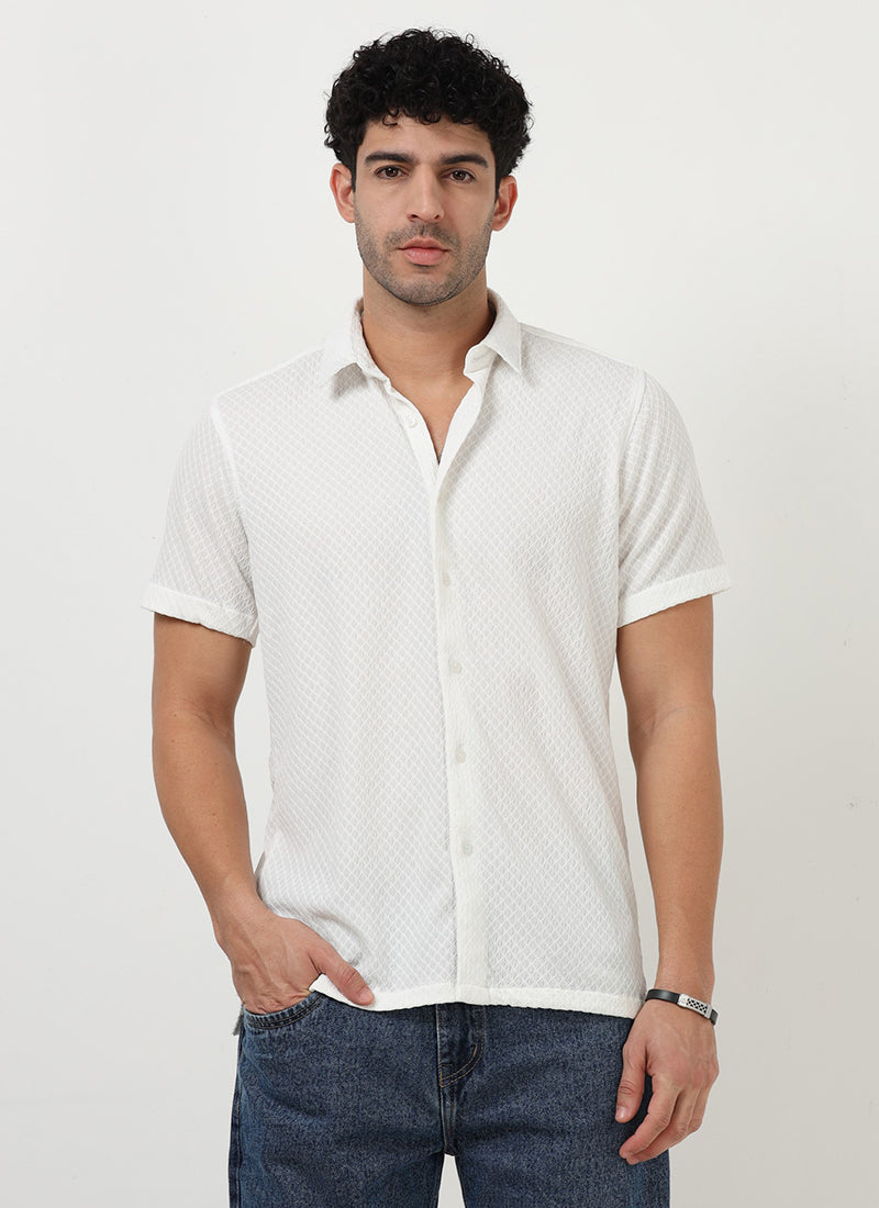 HALO Diamond Textured Knitted Shirt White-Model View