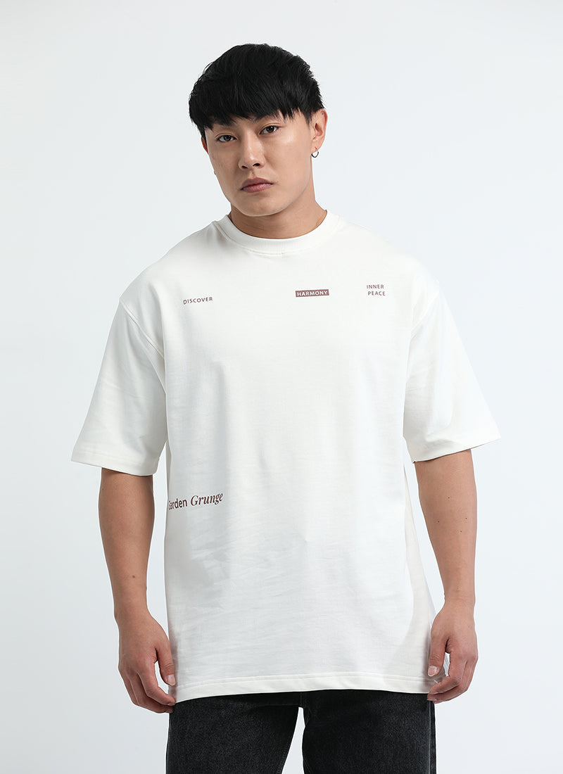 HARMONY Oversized Cotton Printed T-Shirt Off White - Front View