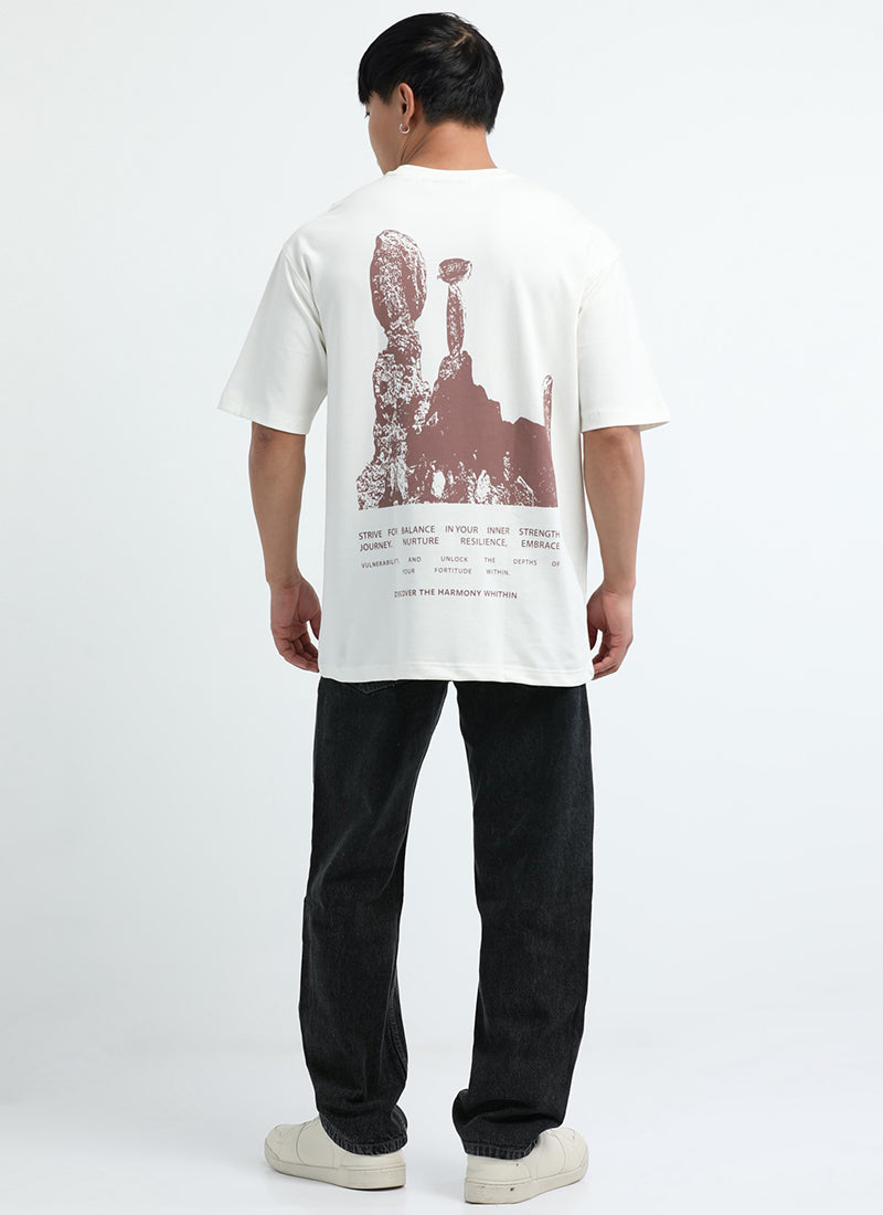 HARMONY Oversized Cotton Printed T-Shirt Off White - Model Back View