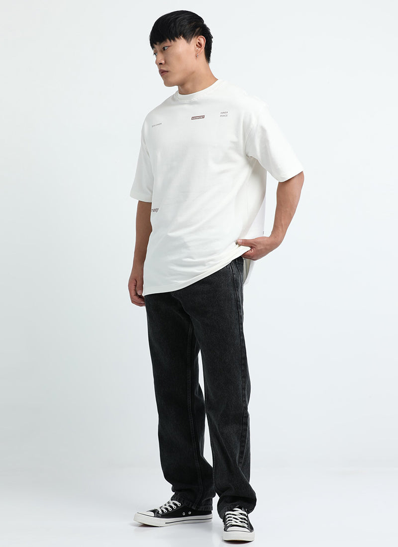 HARMONY Oversized Cotton Printed T-Shirt Off White - Model Side View