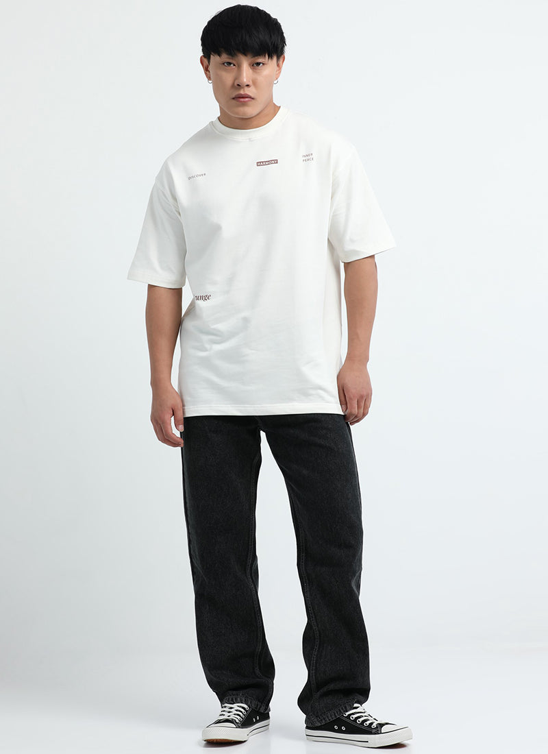 HARMONY Oversized Cotton Printed T-Shirt Off White - Model View
