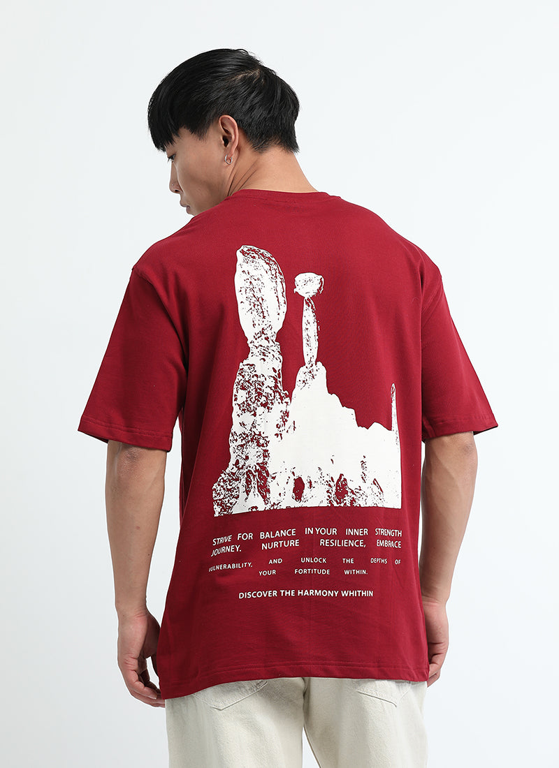 HARMONY Oversized Cotton Printed T-Shirt Wine Red - Back Print View