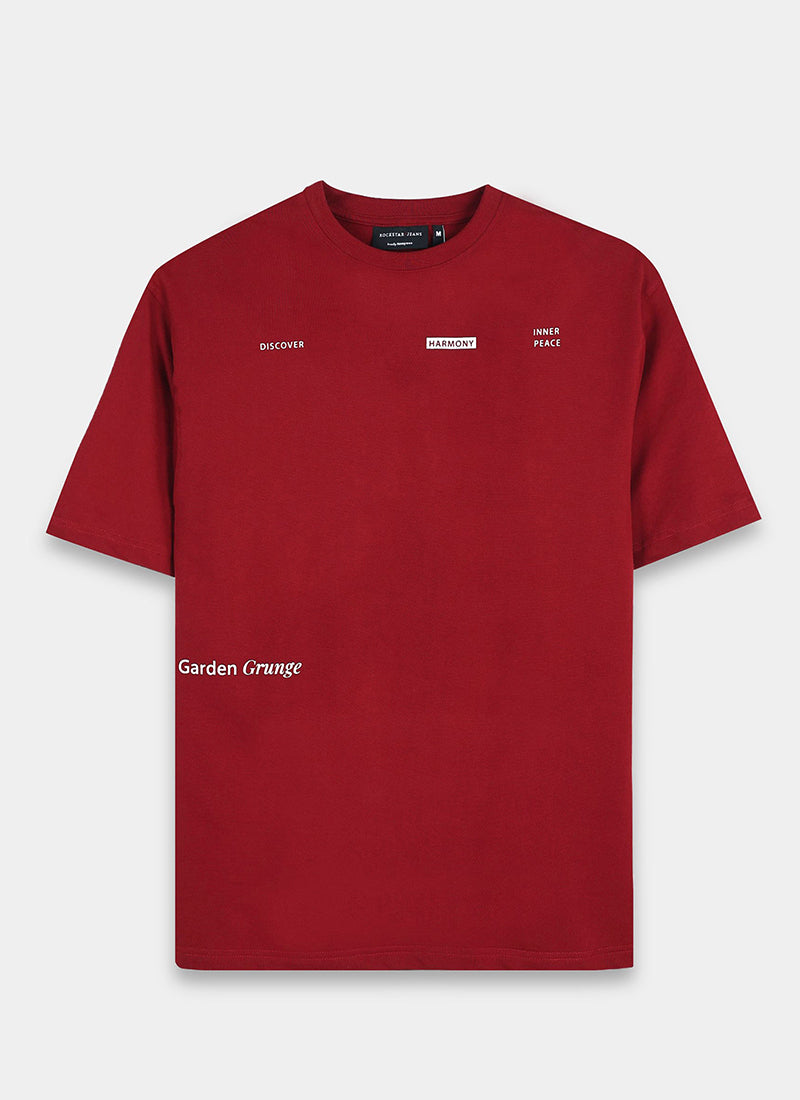 HARMONY Oversized Cotton Printed T-Shirt Wine Red - Flatlay Front View