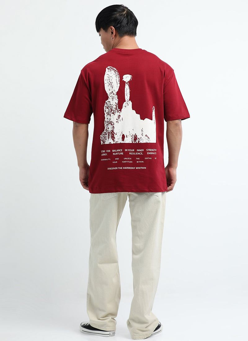 HARMONY Oversized Cotton Printed T-Shirt Wine Red - Model Back View