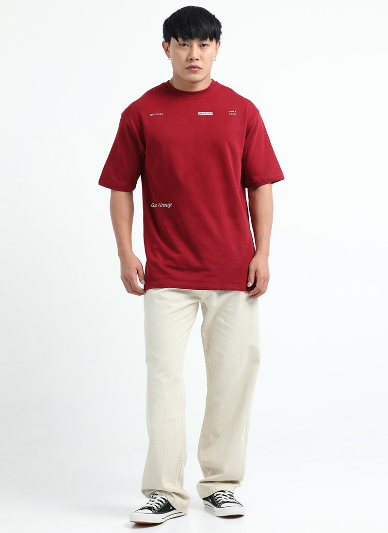 HARMONY Oversized Cotton Printed T-Shirt Wine Red - Model View