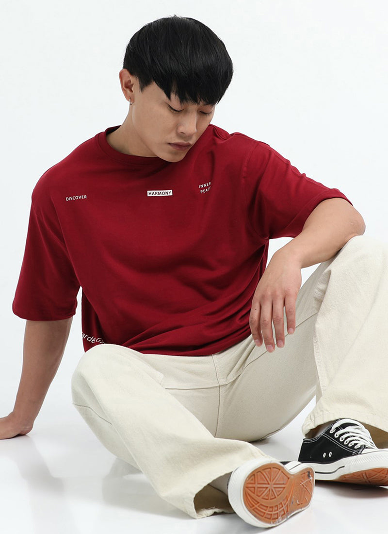 HARMONY Oversized Cotton Printed T-Shirt Wine Red - Sitting Poss