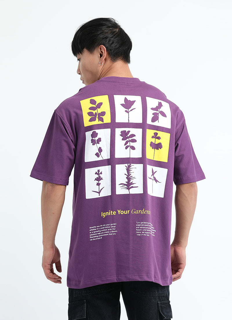 IGNITE YOUR GARDENING Oversized Cotton Printed T-Shirt Berry Purple - Back Prints View