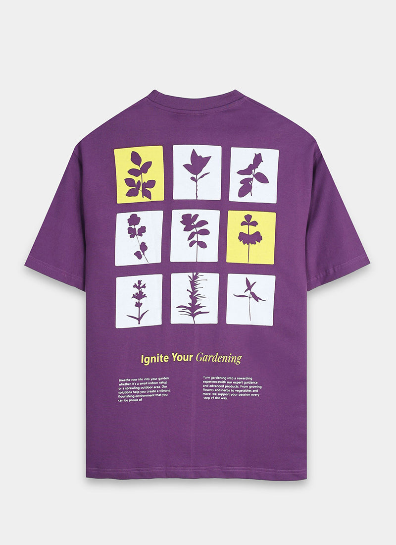 IGNITE YOUR GARDENING Oversized Cotton Printed T-Shirt Berry Purple - Flatlay Back View