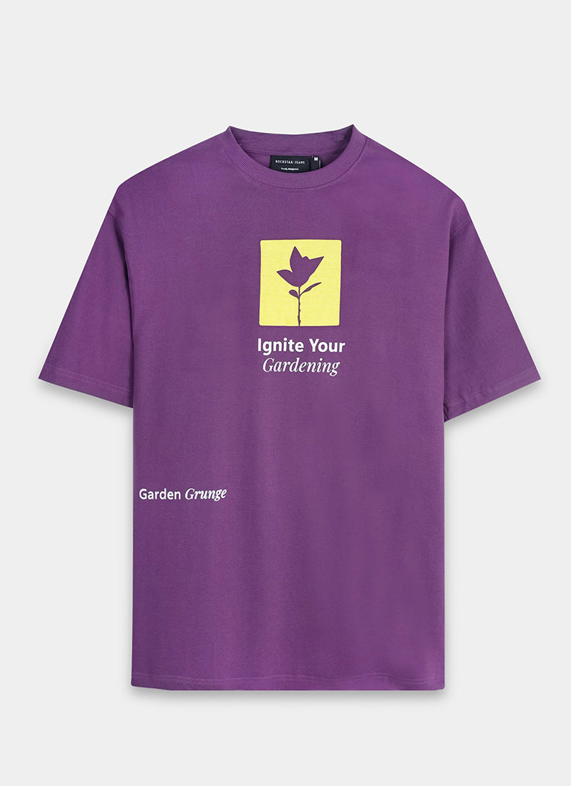 IGNITE YOUR GARDENING Oversized Cotton Printed T-Shirt Berry Purple - Flatlay Front View