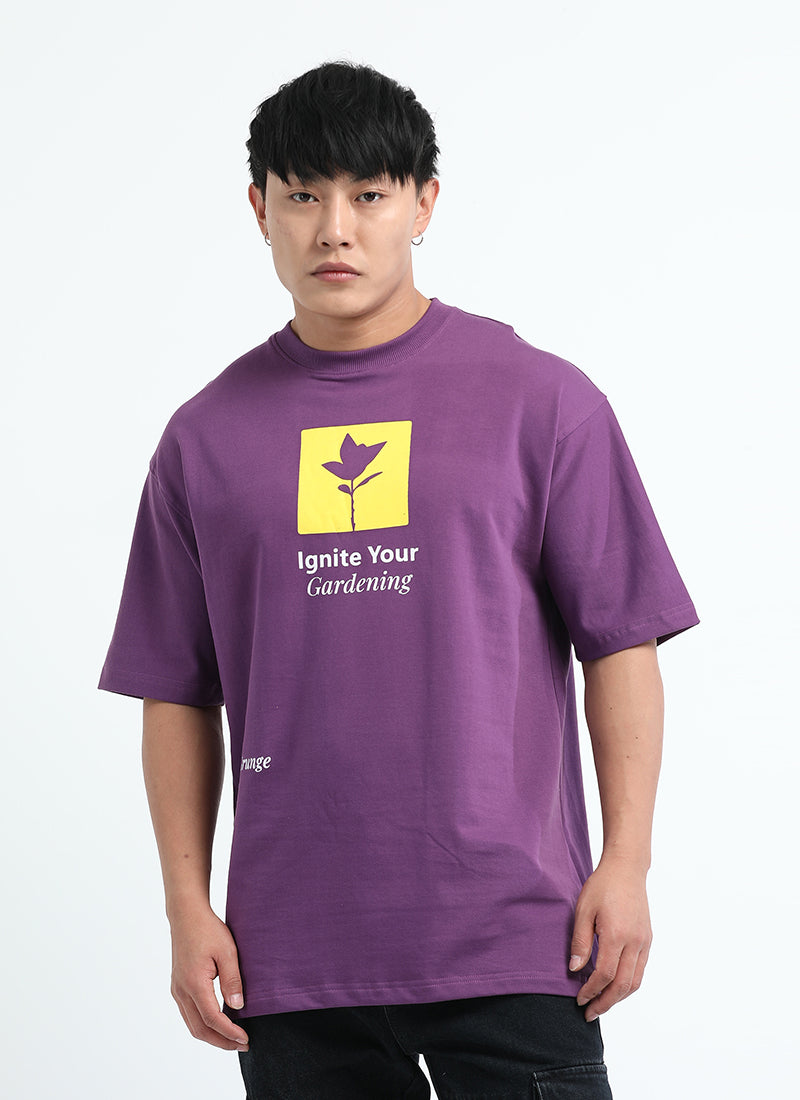 IGNITE YOUR GARDENING Oversized Cotton Printed T-Shirt Berry Purple - Front View