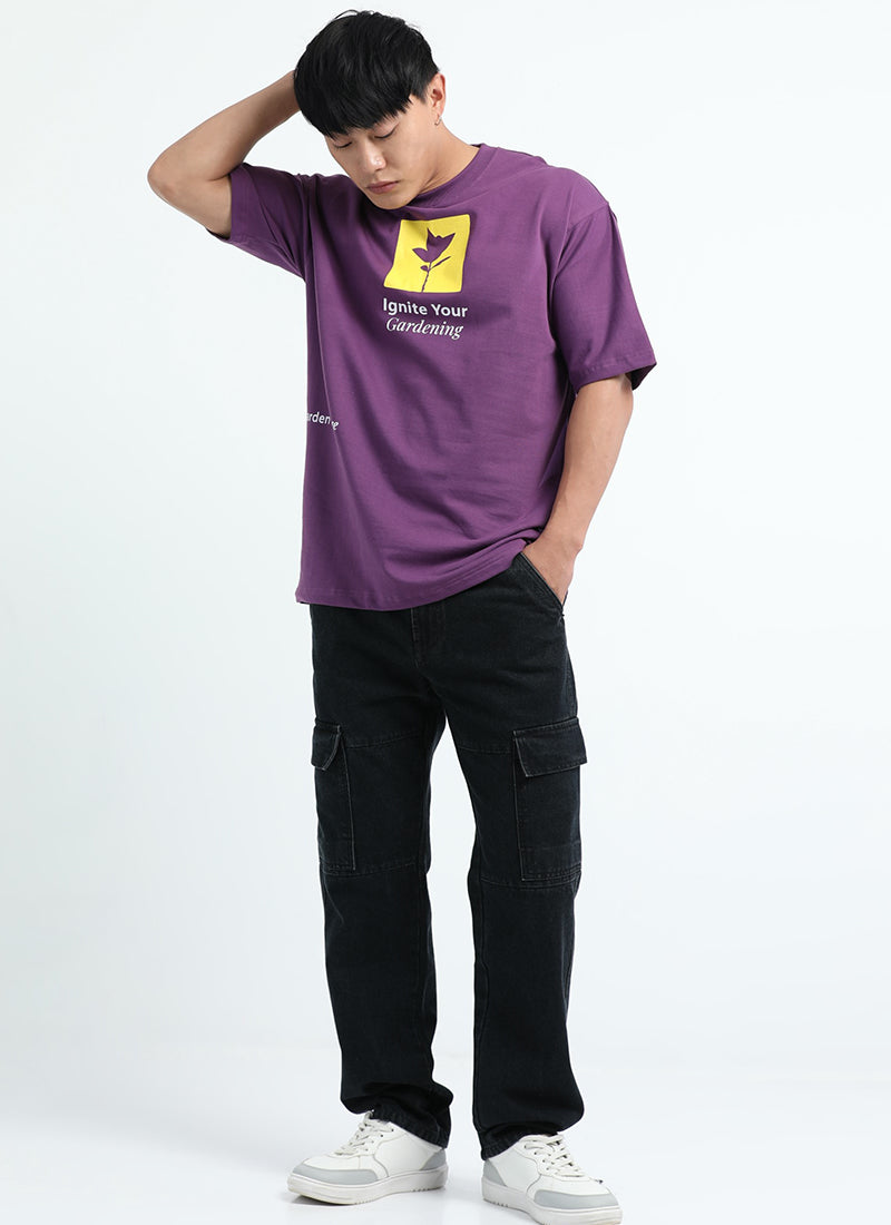 IGNITE YOUR GARDENING Oversized Cotton Printed T-Shirt Berry Purple - Matching Jeans