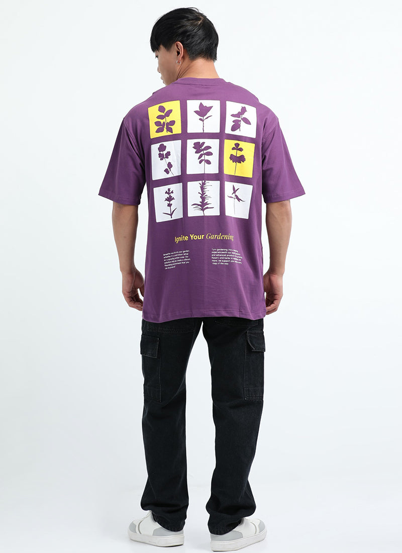 IGNITE YOUR GARDENING Oversized Cotton Printed T-Shirt Berry Purple - Model Back View