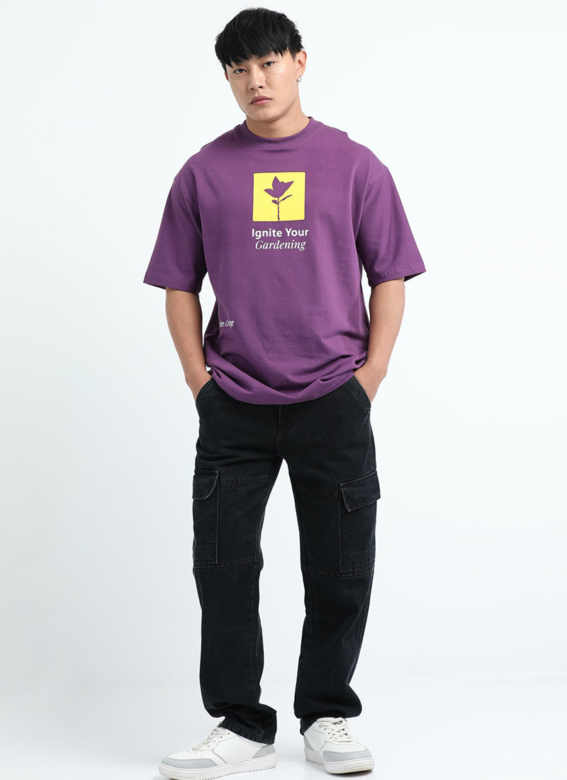IGNITE YOUR GARDENING Oversized Cotton Printed T-Shirt Berry Purple - Model View