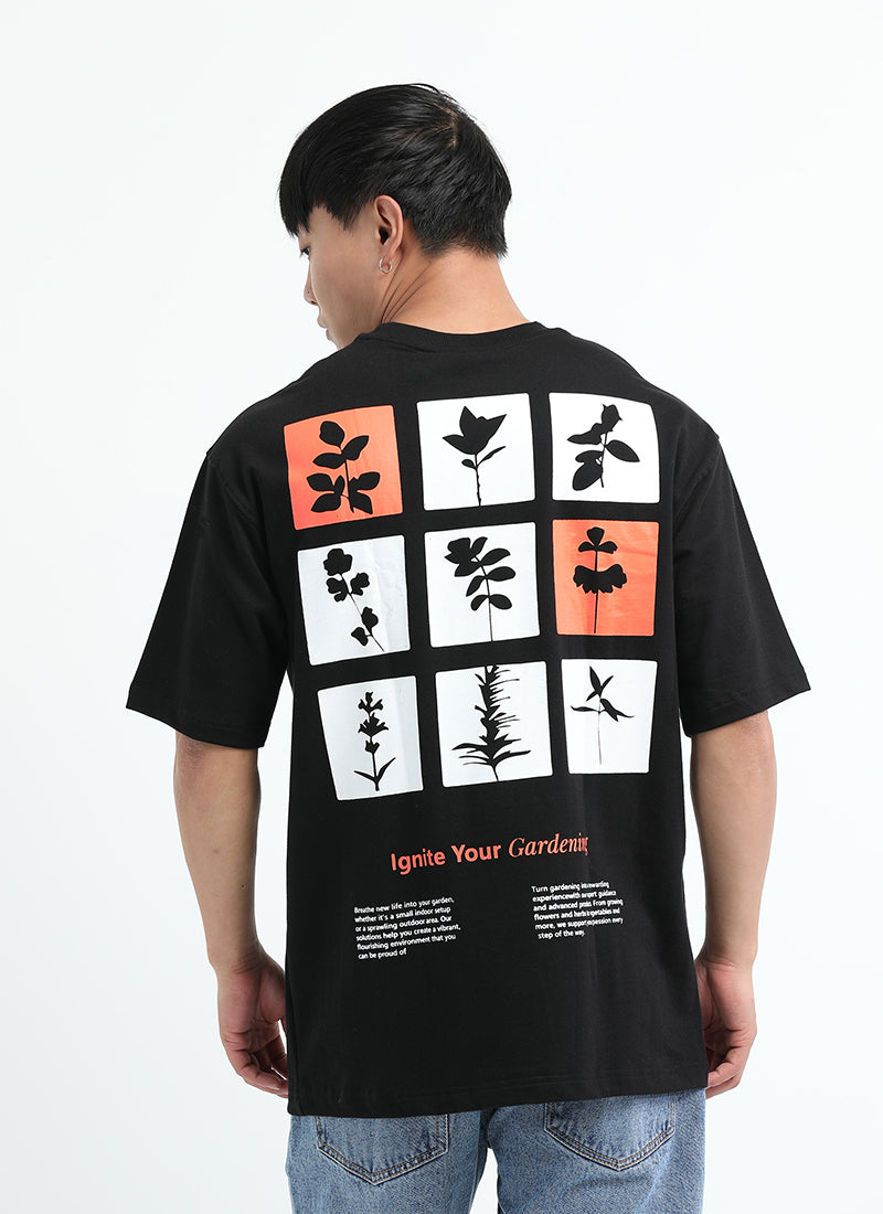 IGNITE YOUR GARDENING Oversized Cotton Printed T-Shirt Midnight Black - Back Prints View