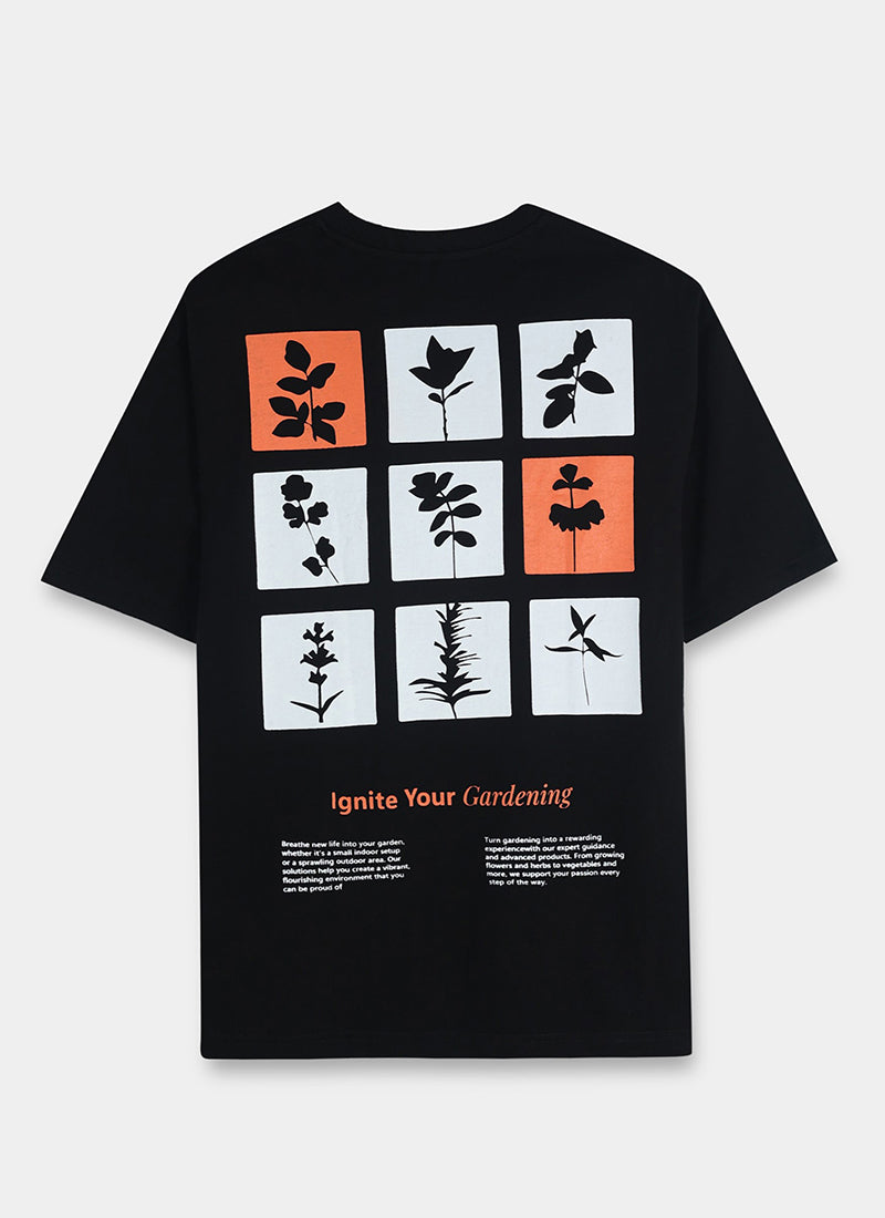 IGNITE YOUR GARDENING Oversized Cotton Printed T-Shirt Midnight Black - Flatlay Back Prints View