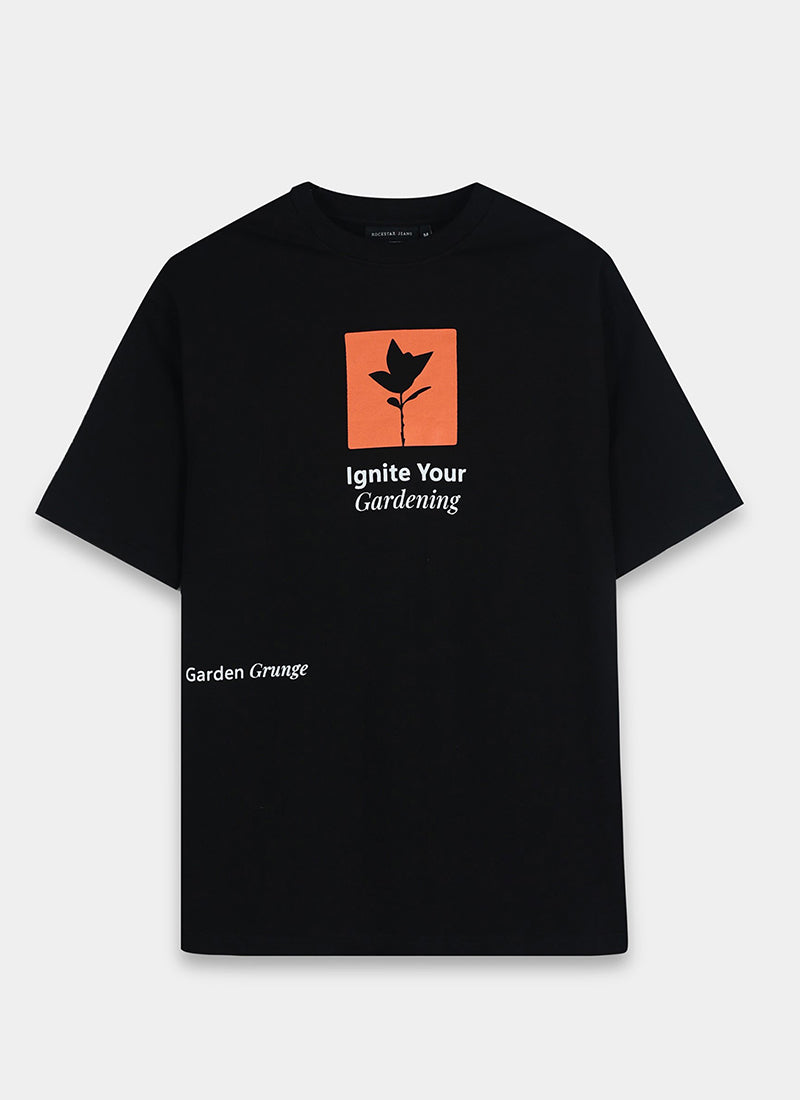 IGNITE YOUR GARDENING Oversized Cotton Printed T-Shirt Midnight Black - Flatlay Front View