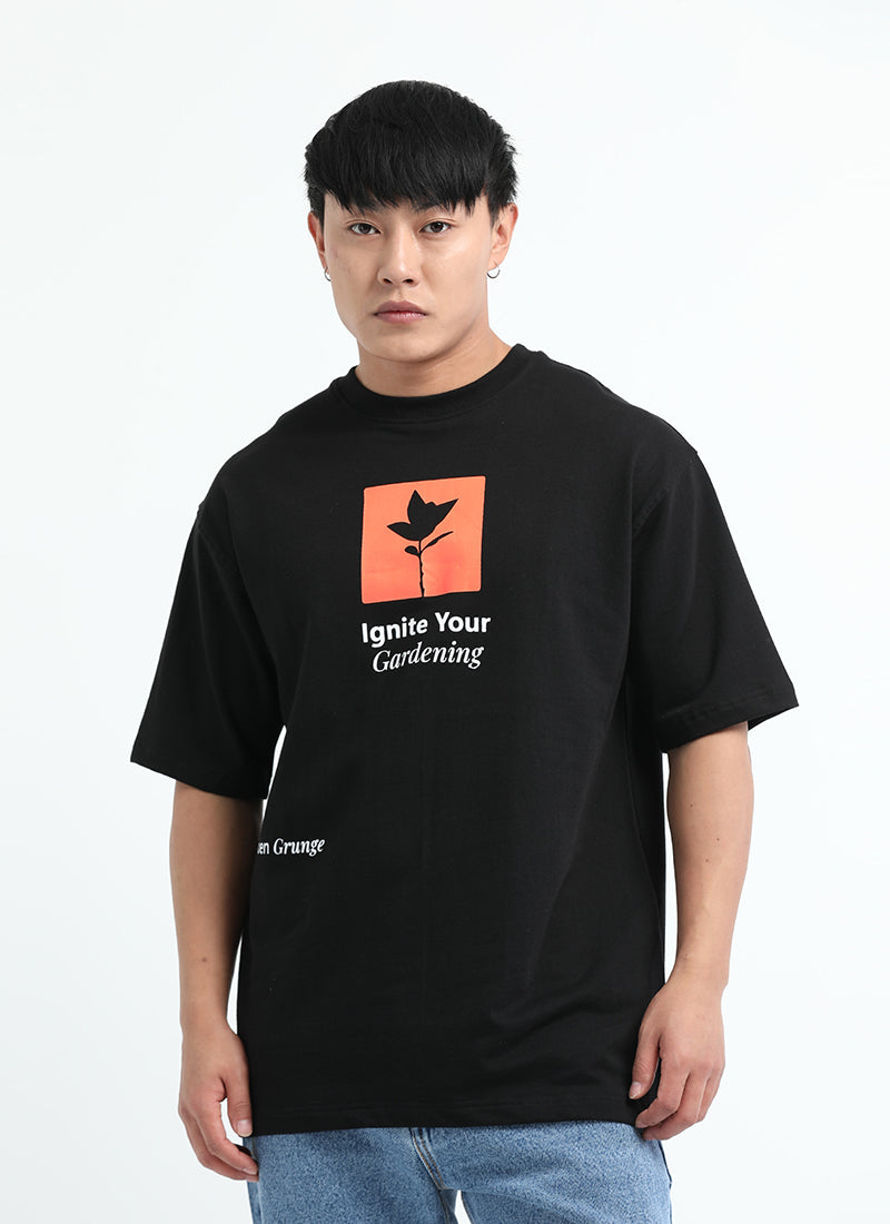 IGNITE YOUR GARDENING Oversized Cotton Printed T-Shirt Midnight Black - Front View