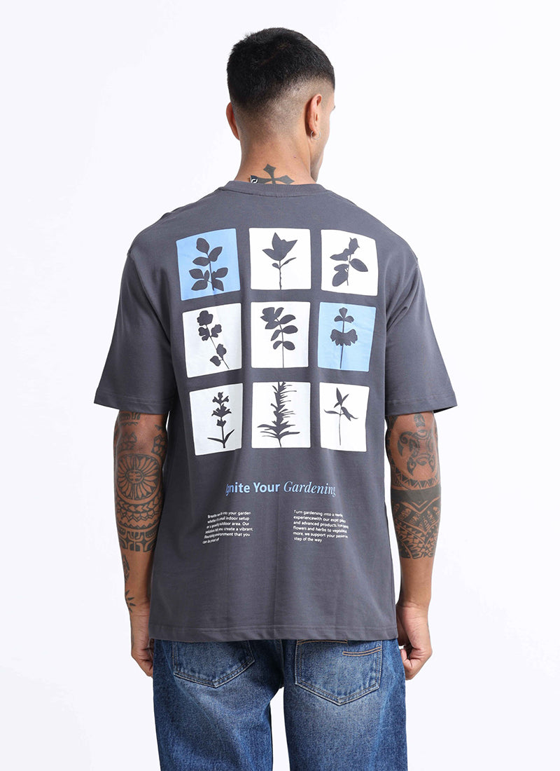 IGNITE YOUR GARDENING Oversized Cotton Printed T-Shirt Slate Grey - Back Model View