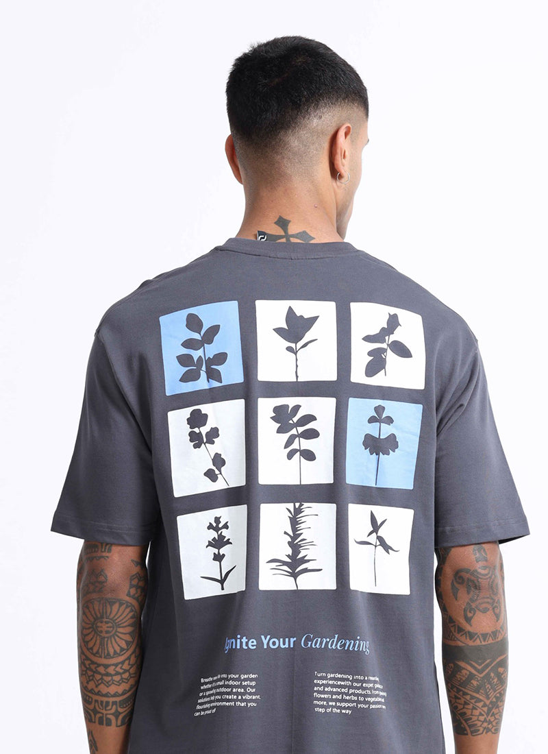 IGNITE YOUR GARDENING Oversized Cotton Printed T-Shirt Slate Grey - Back Print View