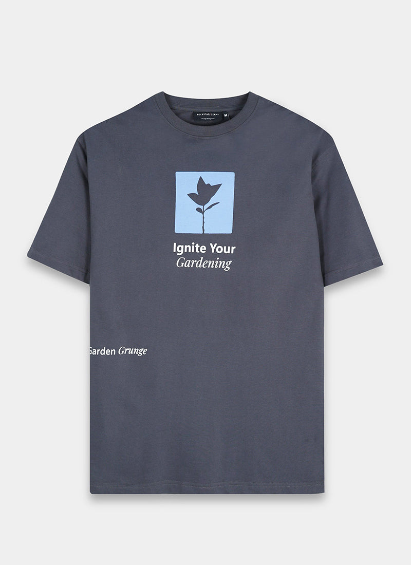 IGNITE YOUR GARDENING Oversized Cotton Printed T-Shirt Slate Grey - Flatlay Front View