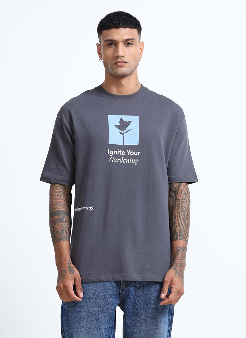 IGNITE YOUR GARDENING Oversized Cotton Printed T-Shirt Slate Grey - Front View