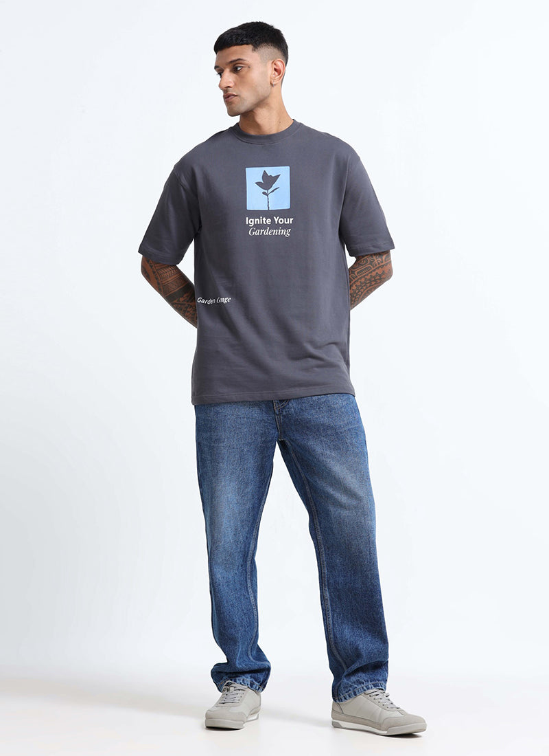 IGNITE YOUR GARDENING Oversized Cotton Printed T-Shirt Slate Grey - Matching Jeans