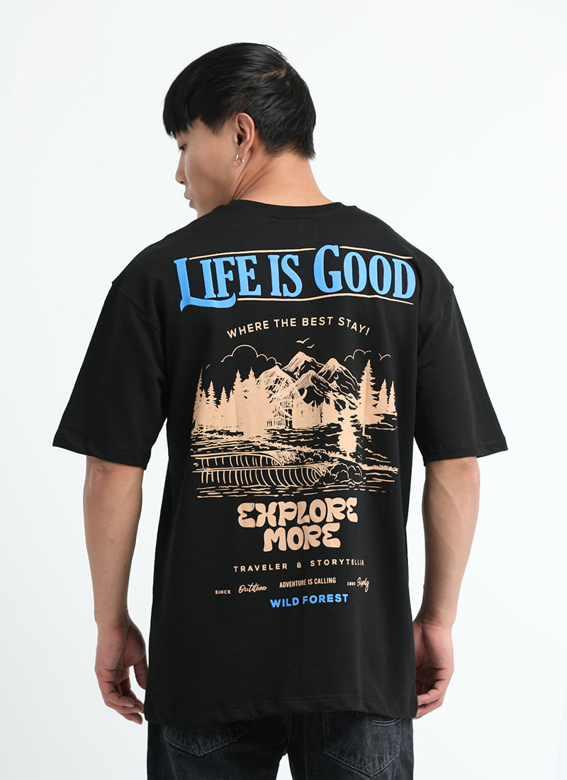 LIFE IS GOOD Oversized Cotton Printed T-Shirt Carbon Black - Back View