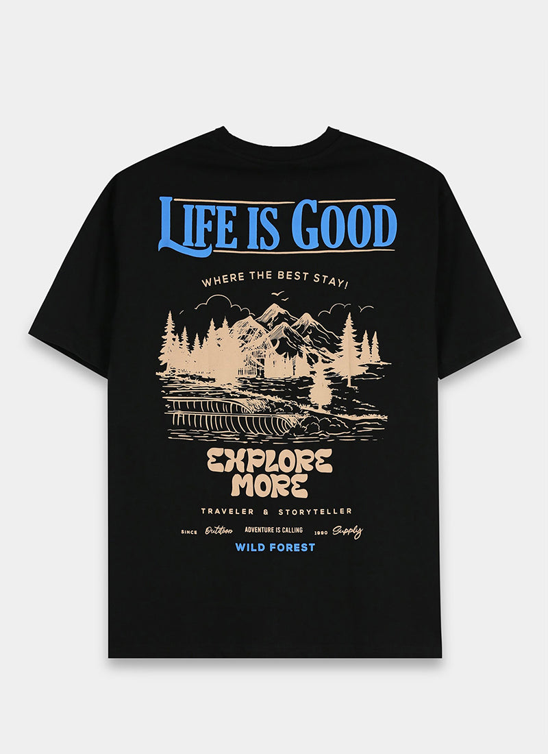 LIFE IS GOOD Oversized Cotton Printed T-Shirt Carbon Black - Flatlay Back View