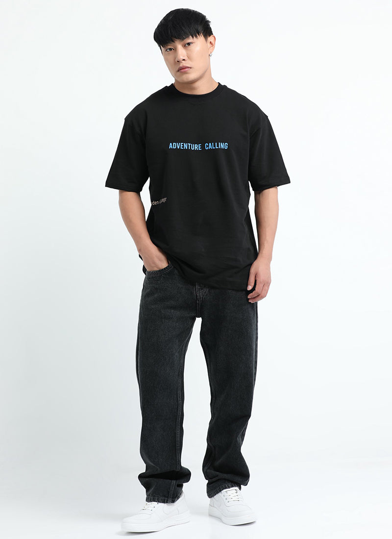 LIFE IS GOOD Oversized Cotton Printed T-Shirt Carbon Black - Model Full View