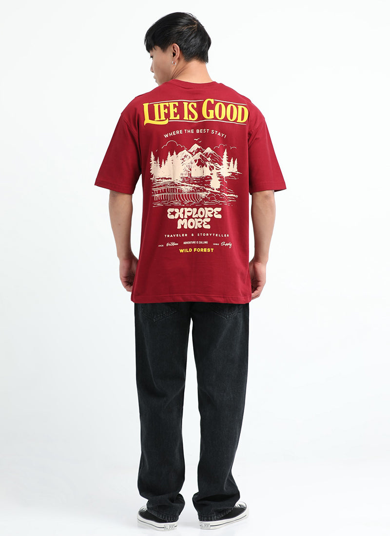LIFE IS GOOD Oversized Cotton Printed T-Shirt Crimson Red - Back Model View