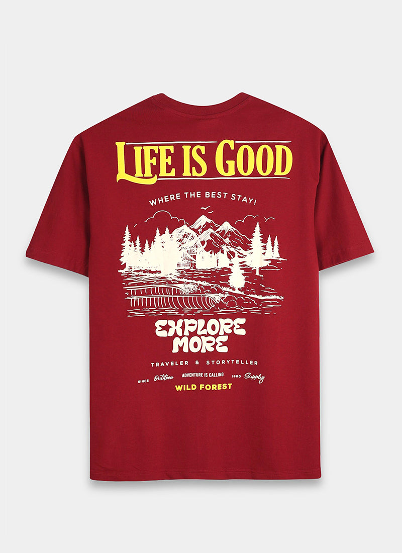 LIFE IS GOOD Oversized Cotton Printed T-Shirt Crimson Red - Back Printed View