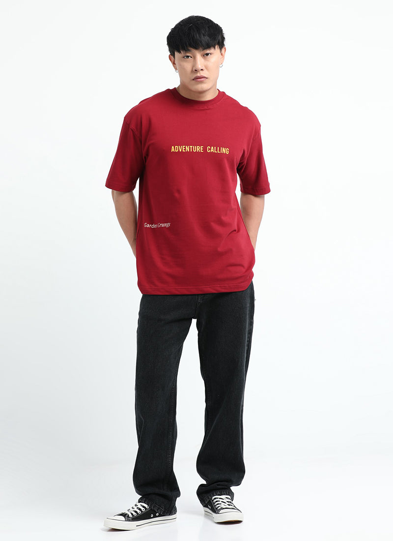 LIFE IS GOOD Oversized Cotton Printed T-Shirt Crimson Red- Matching Jeans